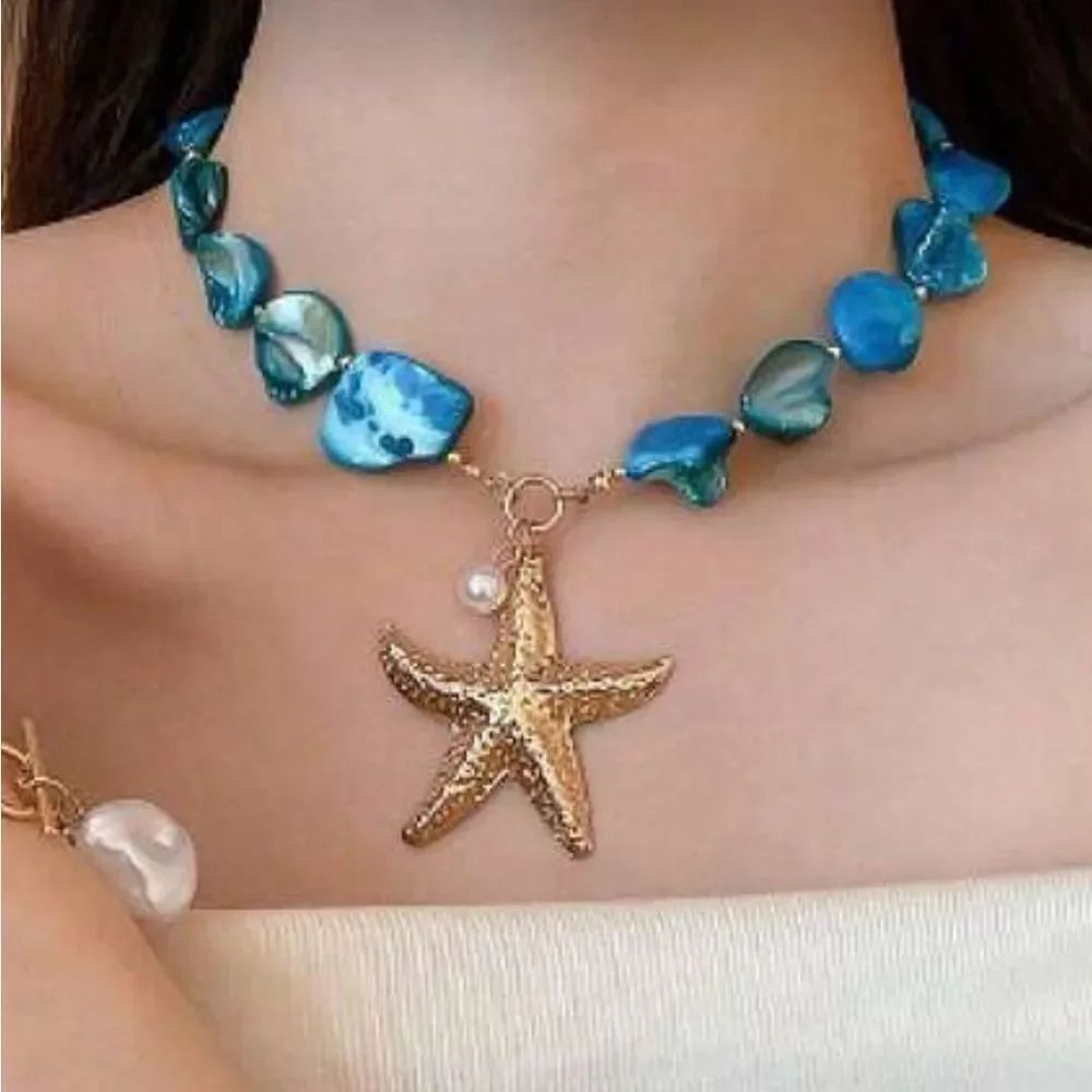 Blue and Gold Starfish Pendant Necklace R214